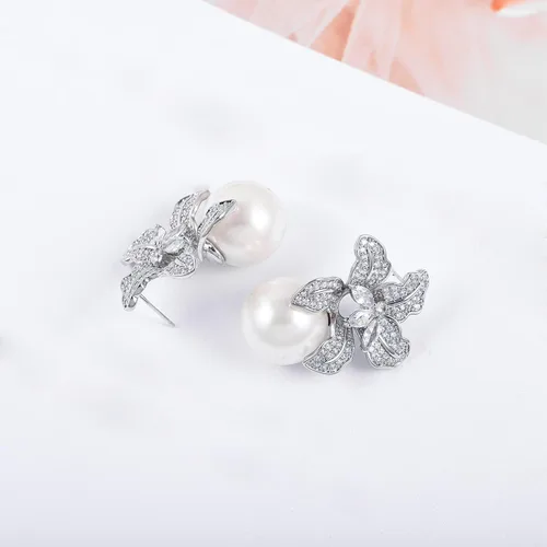 Miniatura 3 de Aretes de perlas redondas grandes con circonita cúbica para ceremonia de boda, accesorios elegantes