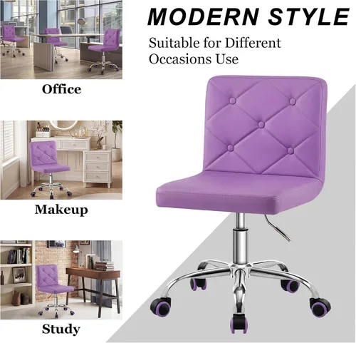 Miniatura 7 de VECELO Silla de tocador de cuero PU con respaldo medio sin brazos, altura ajustable, giratoria rodante 360° para trabajo en casa y oficina Púrpura