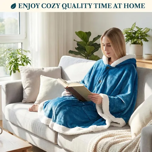 Miniatura 4 de PAVILIA Hooded Blanket Poncho for Women, Sherpa Shawl Wrap with Hood, Cozy Warm Wearable Throw with Pockets, Gift for Mom Azul marino