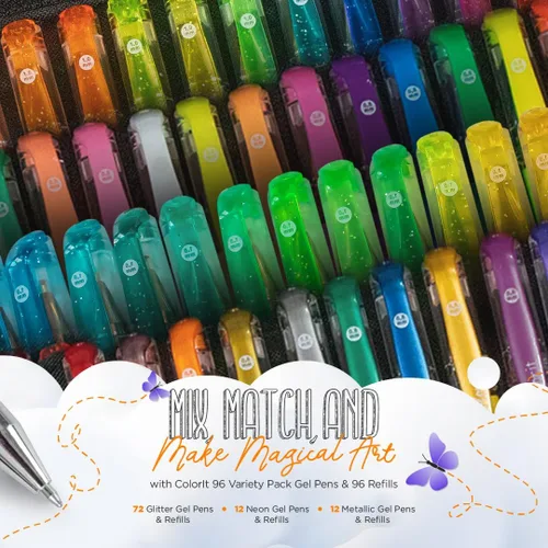 Miniatura 2 de ColorIt Juego de bolígrafos de gel para colorear, paquete de 192 con 12 bolígrafos metálicos, 12 neón, 72 bolígrafos de gel con purpurina, 96