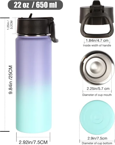 Miniatura 2 de Volhoply Botellas de agua aisladas de 22 onzas con tapa con popote, botella de acero inoxidable con asa, vasos de agua de viaje de metal de doble