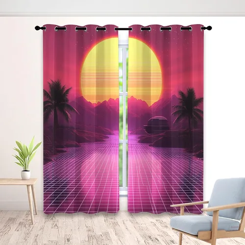 Miniatura 11 de Synthwave - Cortinas opacas para ventanas de cocina, cortinas de neón Cyberpunk City para decoración de dormitorio, sala de estar, cortinas retro