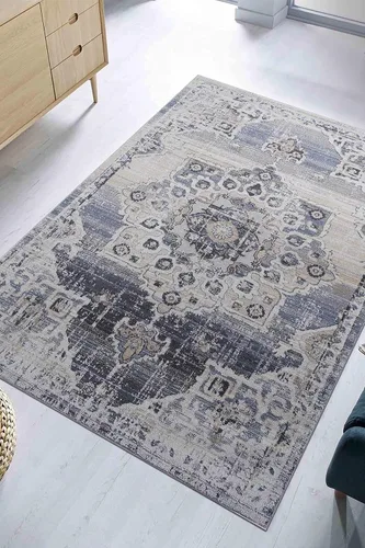 Miniatura 9 de NAAR PAYAS Collection - Alfombra de área de 6 x 9 pies, diseño de medallón crema y azul, no se desprende, resistente a las manchas, para sala