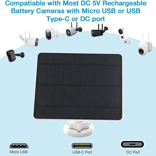 Miniatura 4 de Panel Solar para Cámara de Seguridad, Panel Solar USB de 5W para Cámaras DC 5V, Cargador de Panel Solar para Cámara Micro USB y USB-C y DC, Cargador