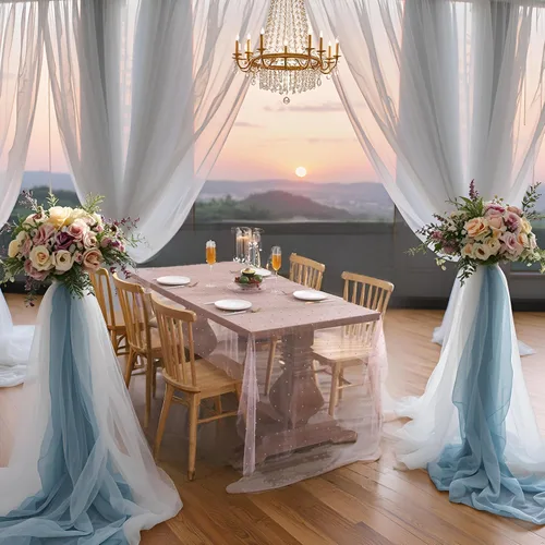 Miniatura 4 de Mantel de encaje rosa con perla de 55 x 55 pulgadas, funda de mesa de tela de tul transparente para decoración de arco de boda, cumpleaños, fiesta
