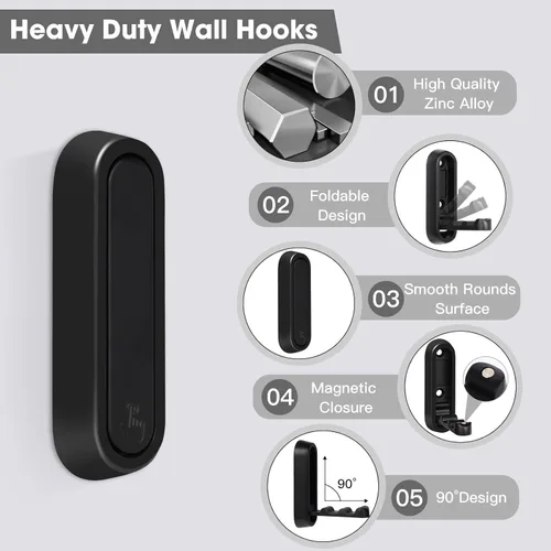 Miniatura 2 de Dntorx Ganchos plegables de pared, 2 piezas ganchos plegables negros para abrigos de alta resistencia, gancho plegable, ganchos para toallas