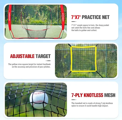Miniatura 3 de Storgem Red de práctica de béisbol y softbol de 77 pies – Soporte portátil para bateo, lanzamiento, entrenamiento de bateo con camiseta, organizador