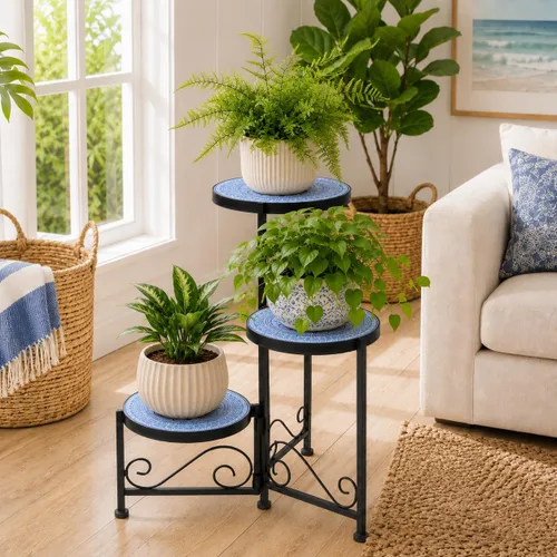 Soporte de cerámica de mosaico de 3 niveles para plantas, soporte plegable de hierro forjado, no requiere montaje, estante para plantas de ahorro de