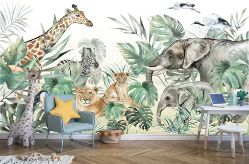Miniatura 10 de Pegatinas de pared de animales de selva de plantas verdes tropicales, murales de pared personalizados para dormitorios, salas de estar, oficinas