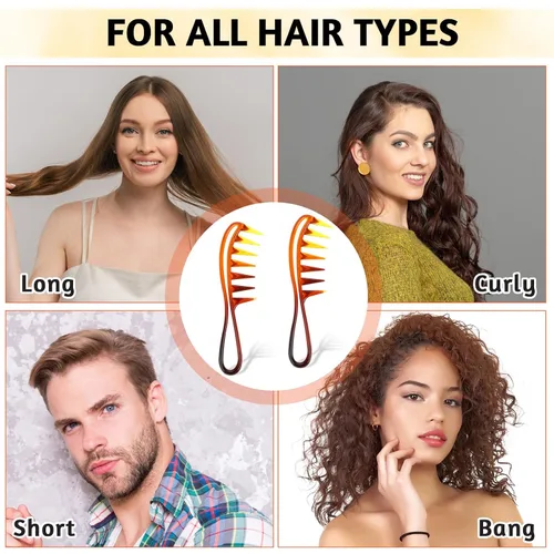 Miniatura 5 de Peine de dientes anchos para rizos, 2 peines de dientes grandes, peines de dientes de tiburón, peine de pelo de plástico duradero, peine de Ámbar