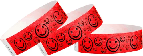 Miniatura 7 de 500 pulseras Tyvek de Wristco con cara sonriente verde neón para eventos, ¾ x 10 pulgadas, impermeables, reciclables, cómodas, resistentes a