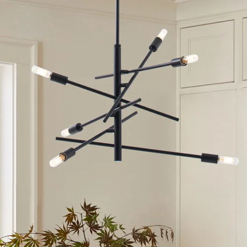 Miniatura 11 de VILUXY Candelabro Sputnik moderno con 6 luces negras lineales para techo, lámpara colgante de mediados de siglo para comedor, sala de estar, Negro