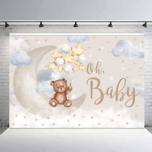 MEHOFOND Oh Baby Bear - Telón de fondo para baby shower, género neutro, decoración de fiesta de cumpleaños, pancarta de oso en la luna, globos de