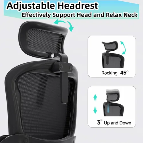 Miniatura 7 de Silla de oficina ergonómica, sillas de escritorio cómodas de 350 libras con reposacabezas ajustable y soporte de espalda lumbar, sillas de negro