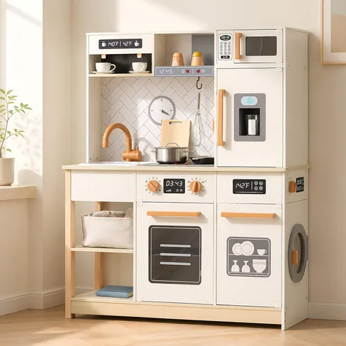 Freniland Cocina de juego de madera, juego de cocina para niños con luz y sonido reales, máquina de hielo realista, estufa y horno, juguete de