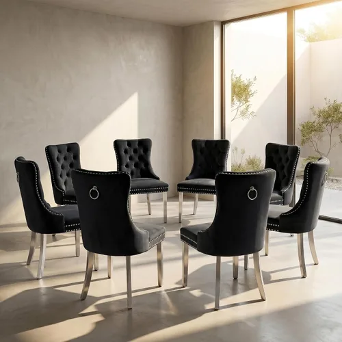 Miniatura 48 de Juego de 2 sillas de comedor de terciopelo, sillas de comedor copetudas de mediados de siglo con anillo trasero de cabeza de clavo, patas de metal