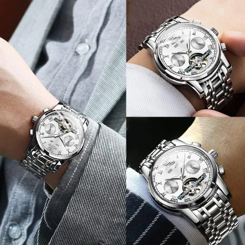Miniatura 4 de OLEVS Reloj automático para hombre, cuerda automática, mecánica, de lujo, de acero inoxidable, multicalendario, impermeable, luminoso, reloj
