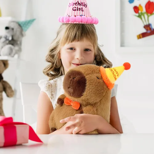 Miniatura 2 de Ditucu Lindo Peluche de Capibara con Sombrero de Cumpleaños Feliz y Lazo, Animal de Peluche Suave, Juguetes de Peluche para Niños, Decoración