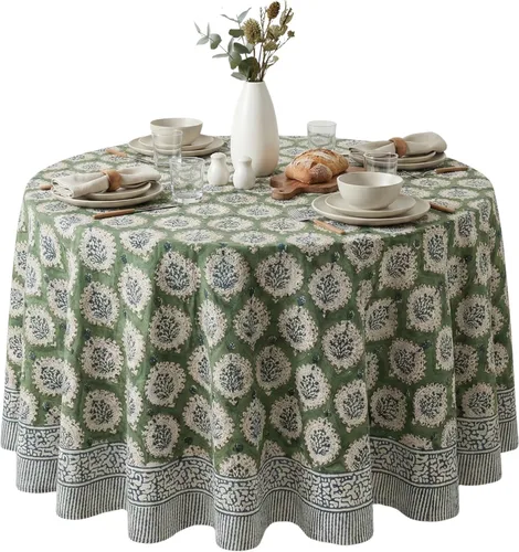 Miniatura 26 de ATOSII Mantel Redondo Bohemio Jade de Algodón 100%, Mantel de Lino con Estampado Floral de Bloques para Comedor, Fiestas, Bodas, Exteriores I