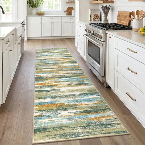 Miniatura 61 de Alfombra de pasillo moderna Lansny 2 x 6 pulgadas, alfombra de cocina lavable verde mostaza multicolor, alfombra antideslizante suave para pasillo