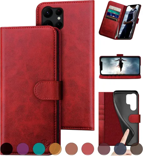 Miniatura 8 de DuckSky Funda tipo cartera de cuero genuino para Samsung Galaxy S23 Ultra con bloqueo RFID, 4 tarjeteros de crédito. 【Cuero auténtico】 Funda Marrón