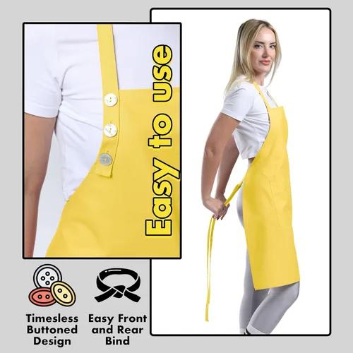 Miniatura 6 de TOSHE Delantal de cocina de algodón resistente a las gotas de agua con delantales ajustables para mujer con bolsillos, 10 opciones de color, Amarillo