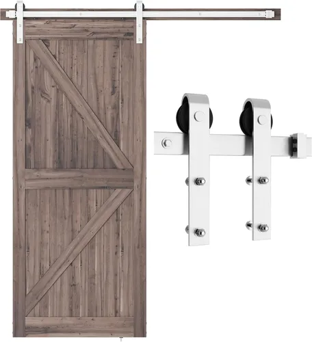Miniatura 12 de SMARTSTANDARD Kit de herrajes para puerta de granero de níquel cepillado de 7 pies, pista deslizante resistente, suave y silenciosa, fácil