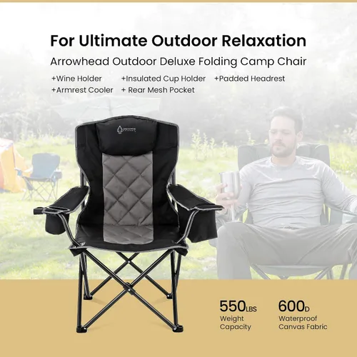 Miniatura 3 de ARROWHEAD OUTDOOR Silla plegable portátil de lujo para campamento con reposacabezas, portavasos y vidrio, enfriador de 6 latas, bolsa de transporte