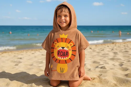 Miniatura 10 de Toalla de poncho de playa con capucha para niños, 100% algodón turco en el interior y microfibra de secado rápido en el exterior - Suave y Dinosaurio