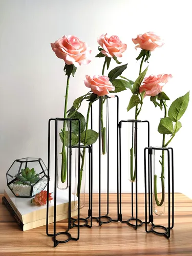 HelloHome Florero con bisagras, jarrón con marco de metal negro con 5 tubos de ensayo, soporte para plantas de estación de propagación, decoración