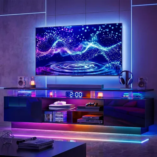 Miniatura 11 de Soporte de TV de alto brillo de 70 pulgadas con 2 armarios laterales, consola de TV moderna y elegante con luces LED de 3 capas, consola multimedia
