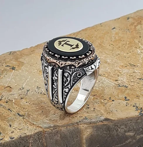 Miniatura 3 de Custom Personalized Letter Ring, Beautiful Handcrafted Personalized 925K Solid Sterling Silver Onyx Stone Men's Ring RP77