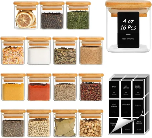 Miniatura 17 de ComSaf Tarros de especias con etiquetas de 4 onzas, paquete de 6 recipientes pequeños para especias, tarros de condimentos de vidrio con tapas