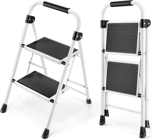Miniatura 10 de KINGRACK Escalera plegable de 4 escalones, escalera de acero de seguridad resistente de alta resistencia con pasamanos y pedales anchos para Rojo