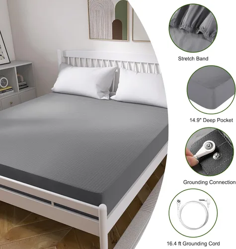 Miniatura 4 de Sábanas de conexión a tierra tamaño Queen, sábana bajera ajustada para cama con 10% fibra de plata pura + 90% algodón orgánico, para mejorar el Gris