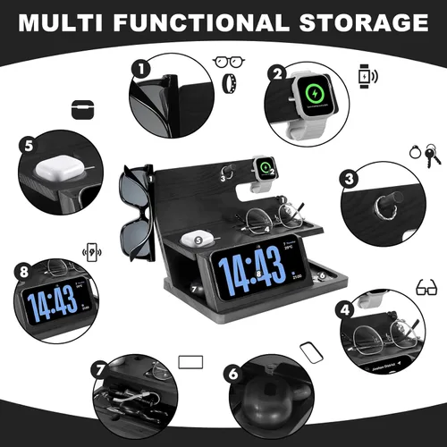 Miniatura 5 de Regalos para hombres Estación de carga 3 en 1 Compatible con estación de carga iPhone 16, organizador de mesa de noche de madera, perfecto