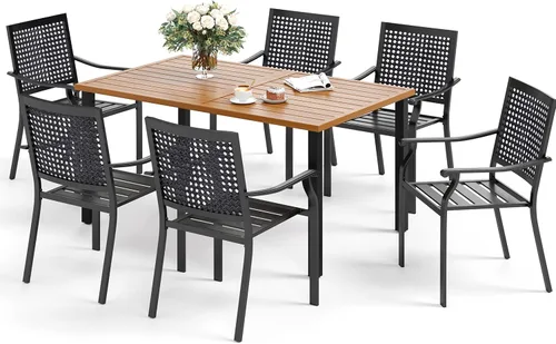 Miniatura 18 de SUNSHINE VALLEY Juego de 7 sillas de comedor para patio, material metálico, 6 sillas de comedor de color teca rectangular con agujero para sombrilla