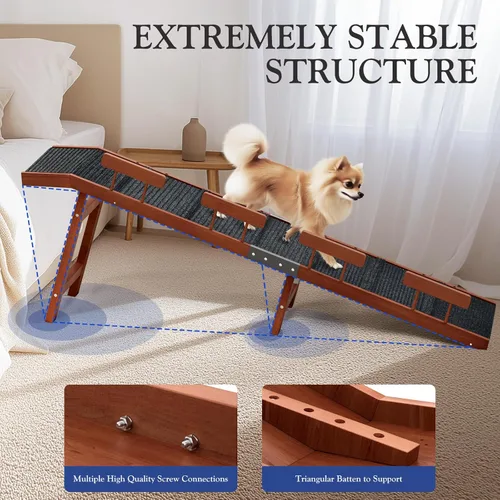 Miniatura 6 de Easyego Rampa plegable para perros para cama, rampa de madera para mascotas de 74 pulgadas con rieles laterales y alfombra de alta tracción, Nogal