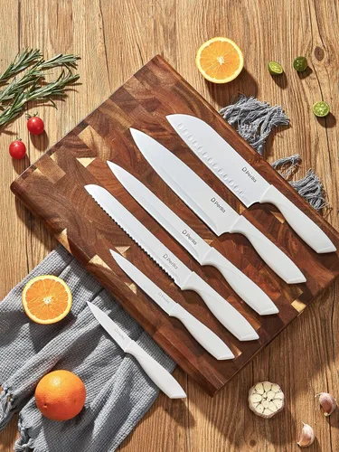 Miniatura 7 de D.Perlla - Juego de 16 cuchillos de cocina blancos con soporte acrílico, acero inoxidable de alto carbono, juego de bloque de cuchillos recubierto