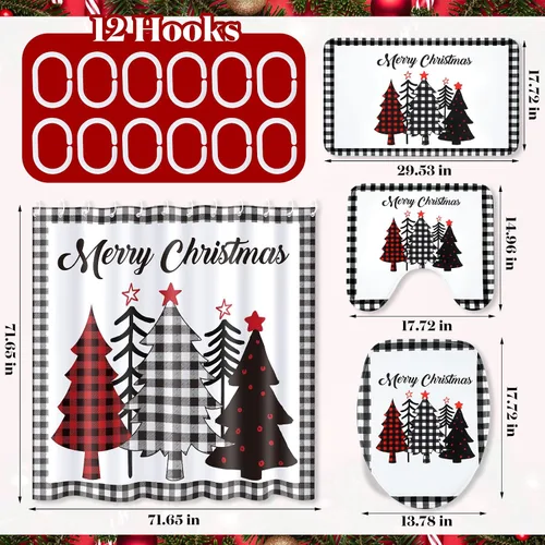Miniatura 2 de Newwiee Juego de 7 Piezas para Baño de Navidad Decoración de Cortina de Ducha Xmas Cortina de Ducha Alfombras Antideslizantes y Toallas de Cocina 3
