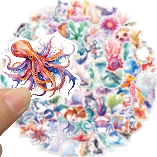 Miniatura 2 de Calcomanías impermeables de animales marinos para botellas de agua, 100 calcomanías estéticas de vinilo de animales marinos para laptop, álbum