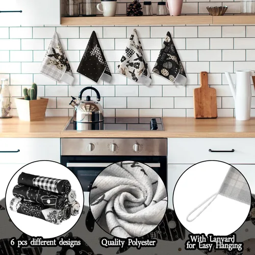 Miniatura 4 de Preboun 6 toallas de cocina con huevos de Pascua, toallas de mano retro con diseño de conejo, color negro y blanco a cuadros, paño decorativo