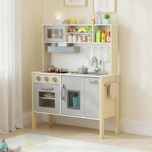 Miniatura 2 de HONEY JOY Juego de cocina para niños, cocina de madera para niños pequeños, microondas, campana extractora, máquina de hielo, 18 accesorios de Gris