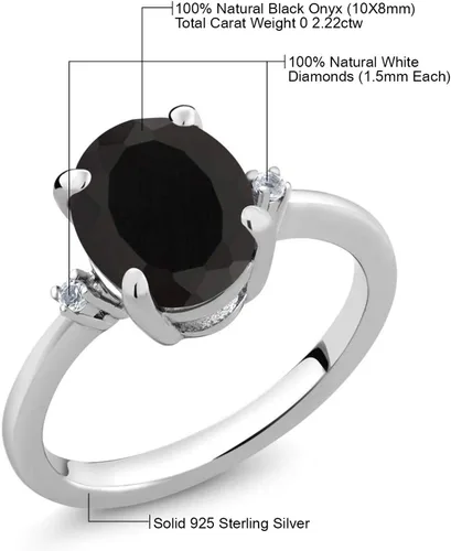 Miniatura 5 de Gem Stone King Anillo de compromiso de plata de ley 925 con ónix negro y diamante blanco para mujer