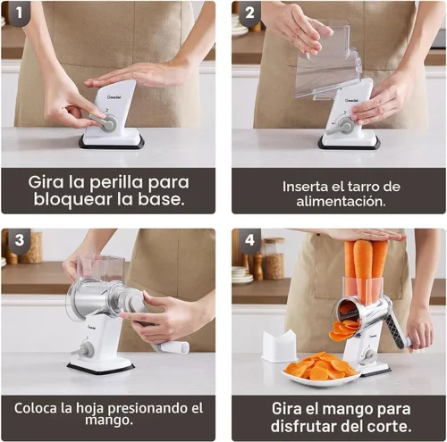 Miniatura 8 de Geedel Rallador Rotativo de Queso - Triturador de Verduras Mejorado con 4 Cuchillas Intercambiables, Triturador de Queso Fácil de Limpiar con Mango
