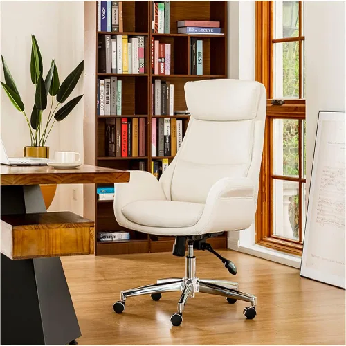 Glitzhome Silla ejecutiva moderna de oficina para el hogar con respaldo alto - Silla de escritorio giratoria ajustable de cuero con apoyabrazos Crema