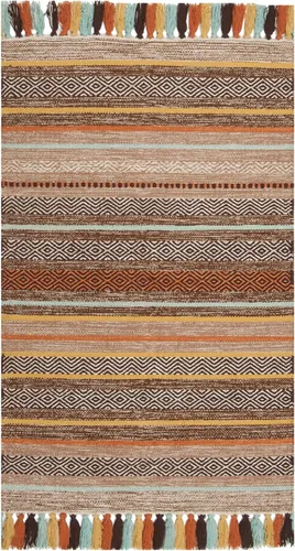 Miniatura 7 de SAFAVIEH Montauk Collection - Alfombra decorativa de 3 pies x 5 pies, color beige y multi, hecha a mano, estilo boho con rayas y flecos, de algodón