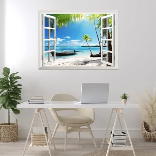 Miniatura 4 de wall26 Mural de pared adhesivo extraíble – Barco en la orilla del mar Decoración creativa de pared con vista de ventana – 24 x 32 pulgadas Barco