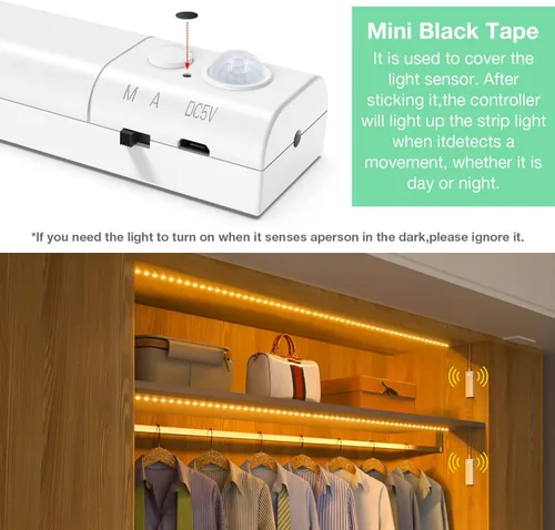 Miniatura 4 de WOBANE Luces de doble sensor de movimiento debajo de la cama, tira de luz LED recargable de 16.4 pies, luz de cinta alimentada por batería