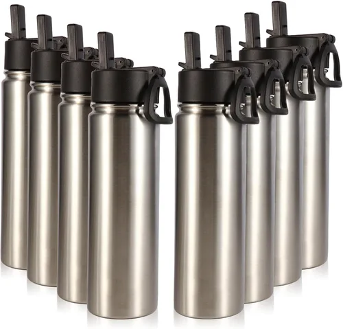 Volhoply Botellas de agua aisladas con popote a granel, paquete de 8, botella deportiva de acero inoxidable de 22 onzas con tapa con asa, tazas de